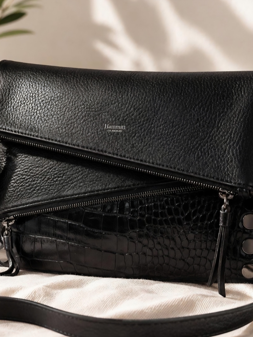 Hammitt Dillon Foldover Crossbody Bag | Black Pebbled Leather & Croc Embossed